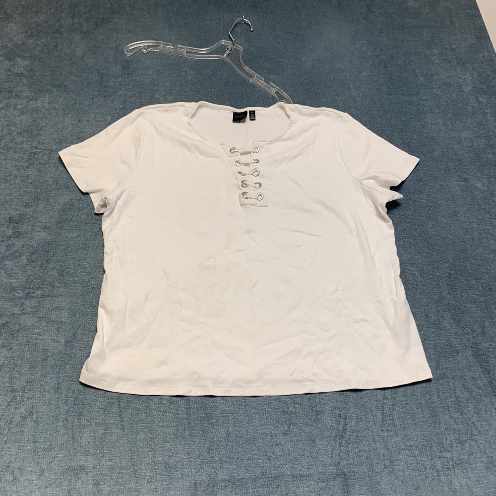 Rafaella Blouse Top Women 3X White Short Sleeve Lace Up Neck Pullover Casual